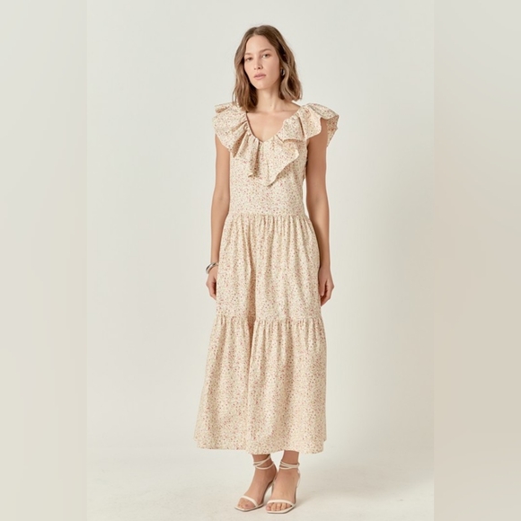 NWT - English Factory Cotton Red Floral  Ruffled Midi Dress - Size L - Picture 1 of 9